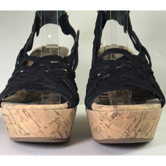Juicy Couture Women's 6.5 Suede Cork Strappy Black Wedge Sandals Y2K Boho Retro - Picture 6 of 13